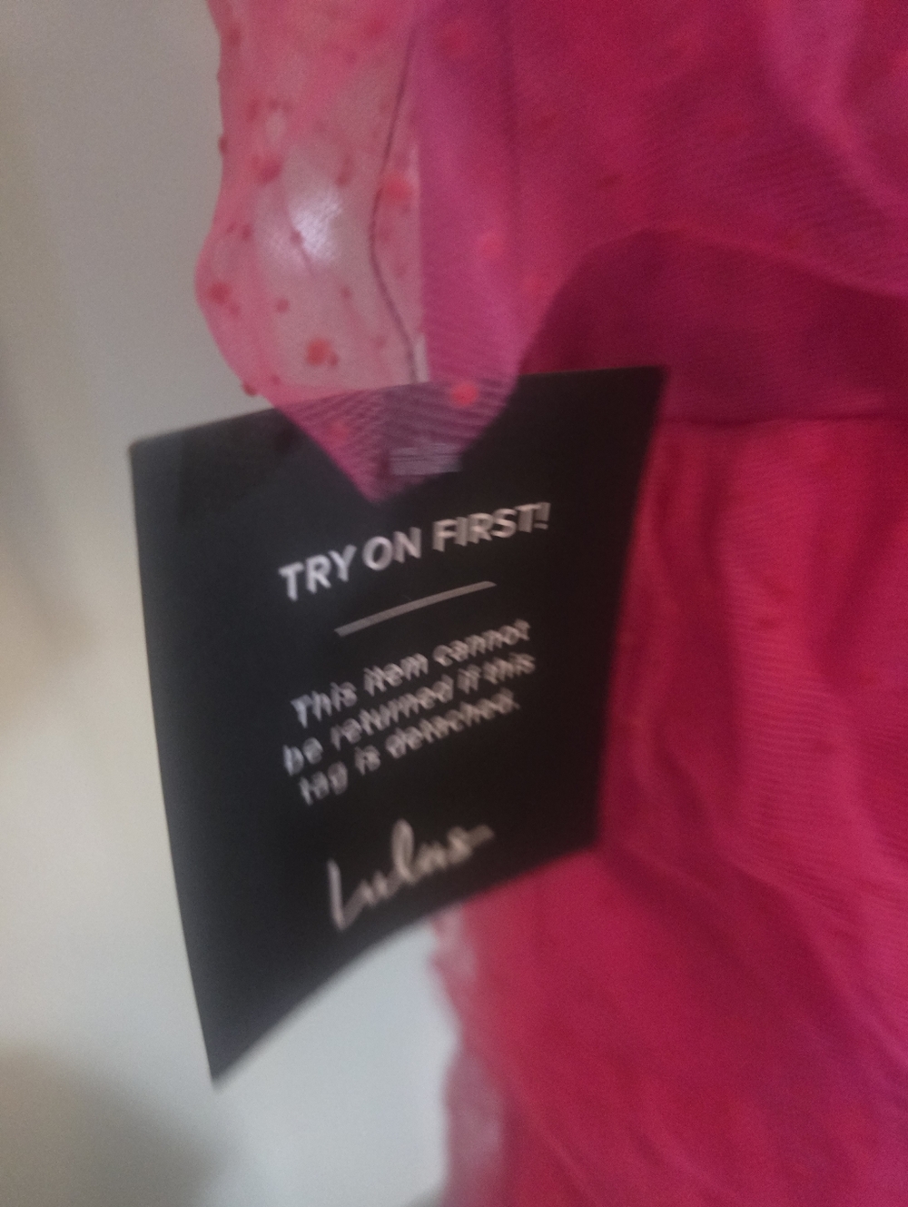 Lulus Dramatic Poise Hot Pink Dot Tulle Puff Sleeve Tiered Mini Dress SZ Large - Picture 8 of 8